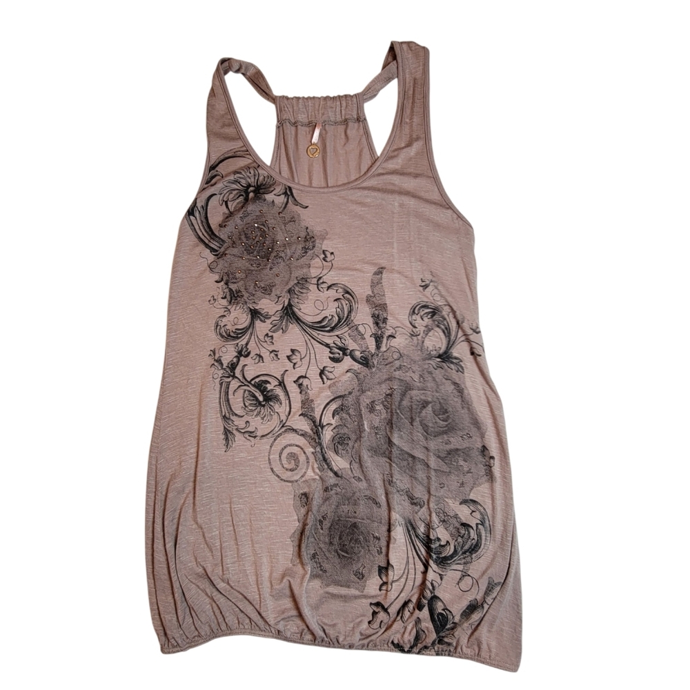 Robin K Rayon/Spandex Floral Swirl Tank Top Size M – Taupe Stretch Knit Boho Y2K